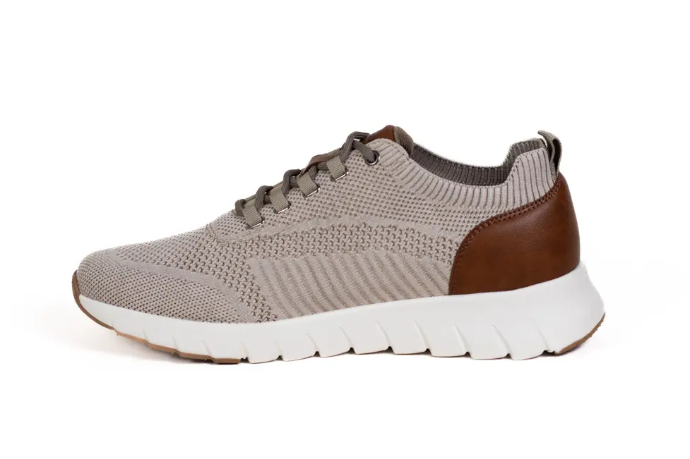 Sneakers Bărbați Bej, Textil Tricotat, Inserții Piele Maro, Talpă Segmentată Albă [3]