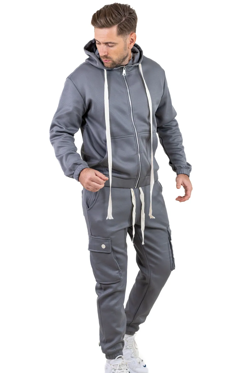 Trening gros gri vătuit cu glugă și pantaloni cargo [4]