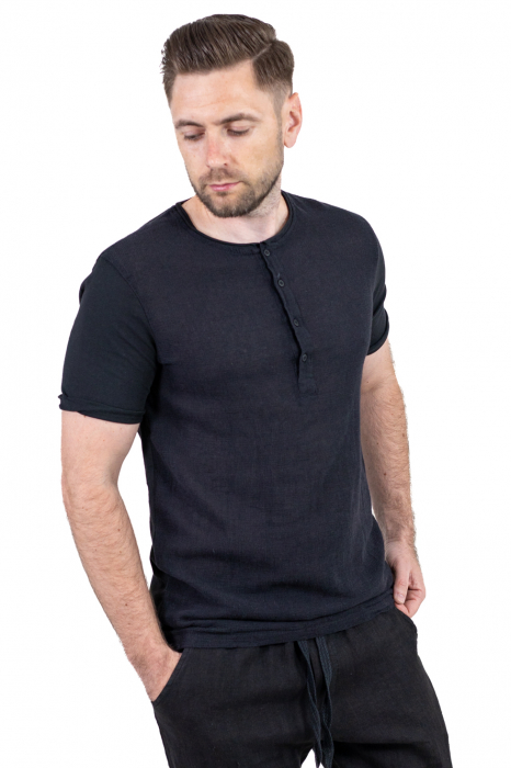 Tricou negru din in si bumbac cu 4 nasturi [9]
