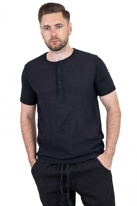 Tricou negru din in si bumbac cu 4 nasturi [4]