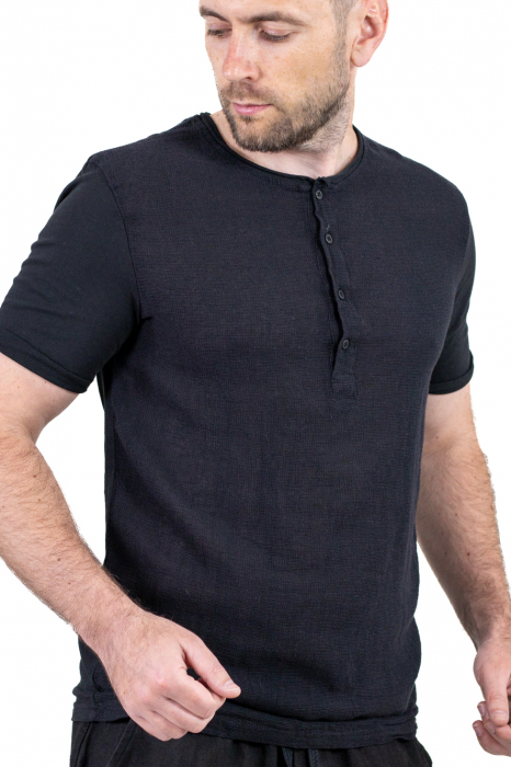Tricou negru din in si bumbac cu 4 nasturi [7]