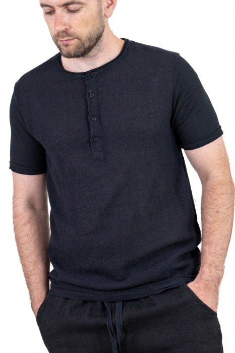 Tricou negru din in si bumbac cu 4 nasturi [5]