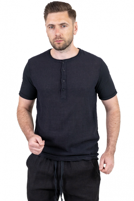 Tricou negru din in si bumbac cu 4 nasturi [8]