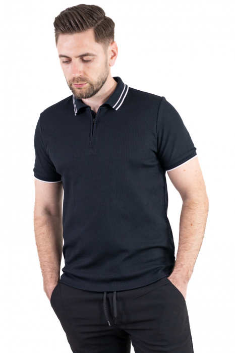 Tricou negru polo cu fermoar material texturat [7]