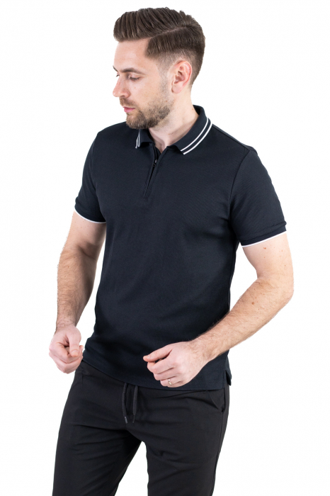 Tricou negru polo cu fermoar material texturat [8]