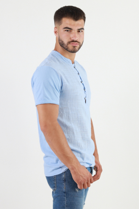 Tricou barbati din bumbac texturat cu aspect de in albastru [7]