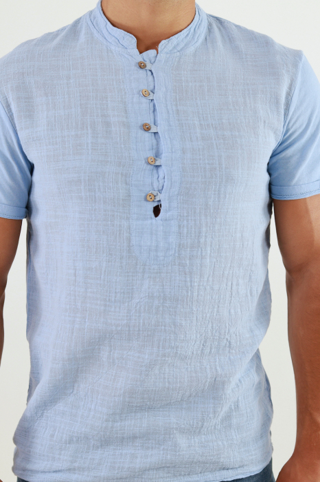 Tricou barbati din bumbac texturat cu aspect de in albastru [2]