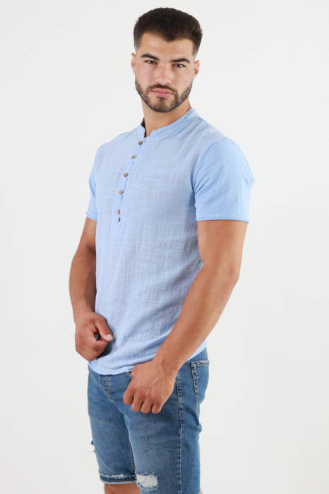 Tricou barbati din bumbac texturat cu aspect de in albastru [4]