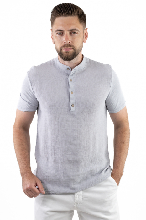 Tricou barbati cu 4 nasturi gri bumbac texturat [6]