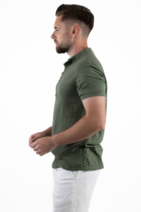 Tricou barbati cu 4 nasturi verde bumbac texturat [4]