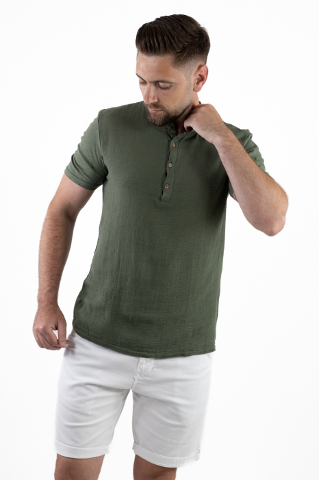 Tricou barbati cu 4 nasturi verde bumbac texturat [7]