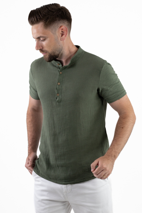 Tricou barbati cu 4 nasturi verde bumbac texturat [8]