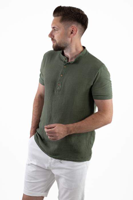 Tricou barbati cu 4 nasturi verde bumbac texturat [5]