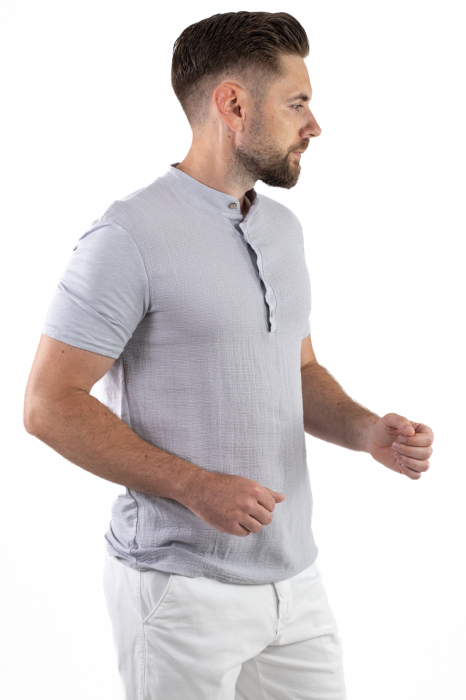 Tricou barbati cu 4 nasturi gri bumbac texturat [2]