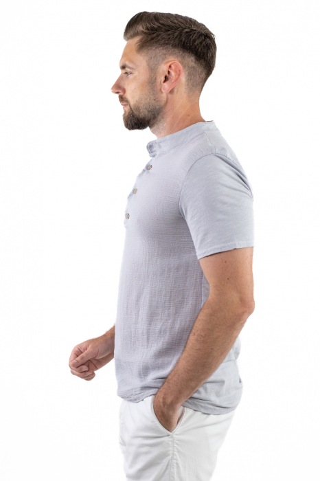 Tricou barbati cu 4 nasturi gri bumbac texturat [3]