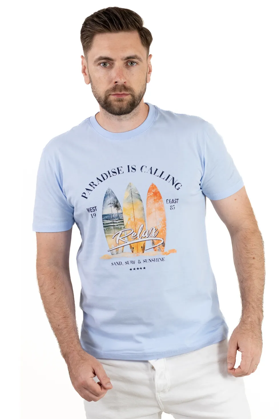 Tricou Bărbați albastru deschis  cu Imprimeu – Bumbac Elastic [9]