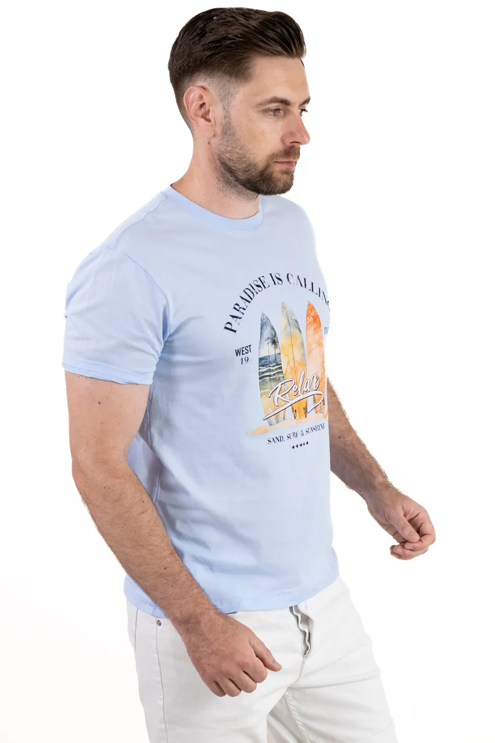 Tricou Bărbați albastru deschis  cu Imprimeu – Bumbac Elastic [2]