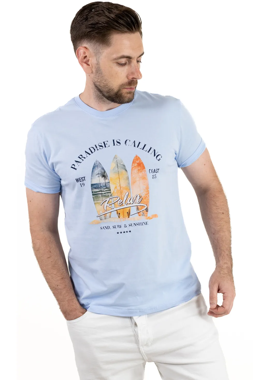 Tricou Bărbați albastru deschis  cu Imprimeu – Bumbac Elastic [7]