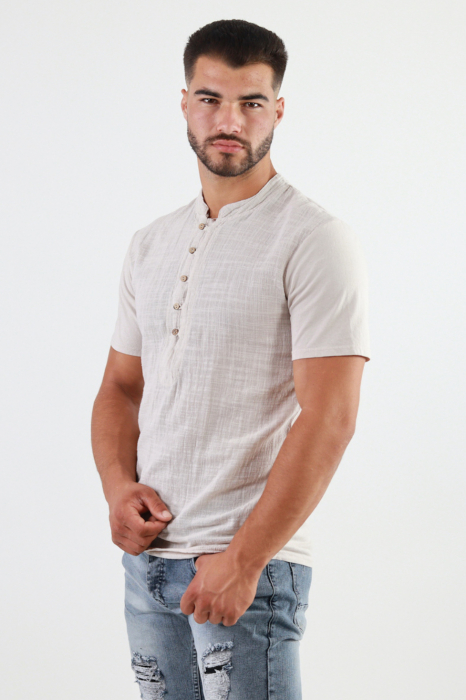 Tricou barbati din bumbac texturat cu aspect de in bej [4]