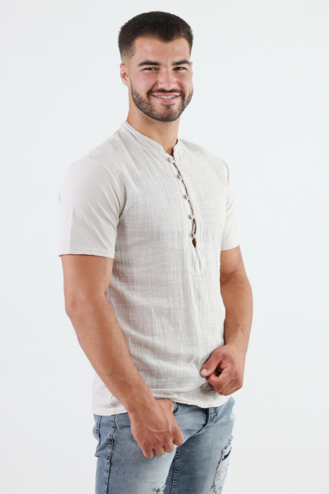 Tricou barbati din bumbac texturat cu aspect de in bej [3]