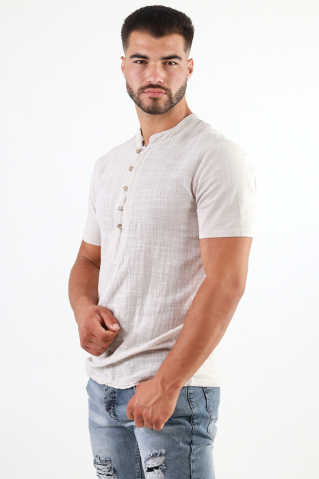 Tricou barbati din bumbac texturat cu aspect de in bej [7]