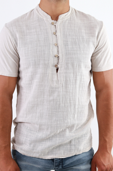 Tricou barbati din bumbac texturat cu aspect de in bej [2]