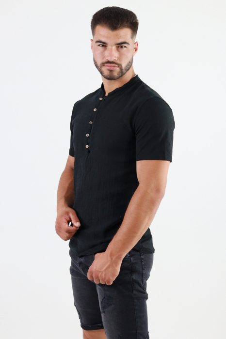 Tricou barbati din bumbac texturat cu aspect de in negru [4]