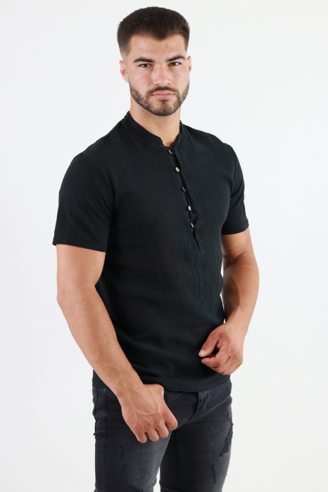 Tricou barbati din bumbac texturat cu aspect de in negru [3]