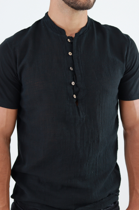 Tricou barbati din bumbac texturat cu aspect de in negru [2]