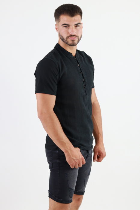 Tricou barbati din bumbac texturat cu aspect de in negru [6]