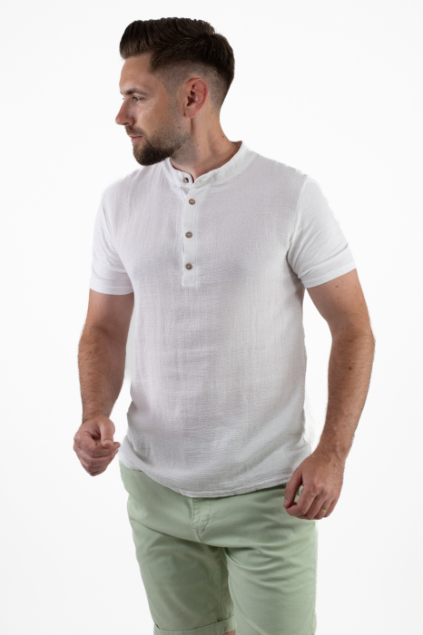 Tricou barbati cu 4 nasturi alb bumbac texturat [3]