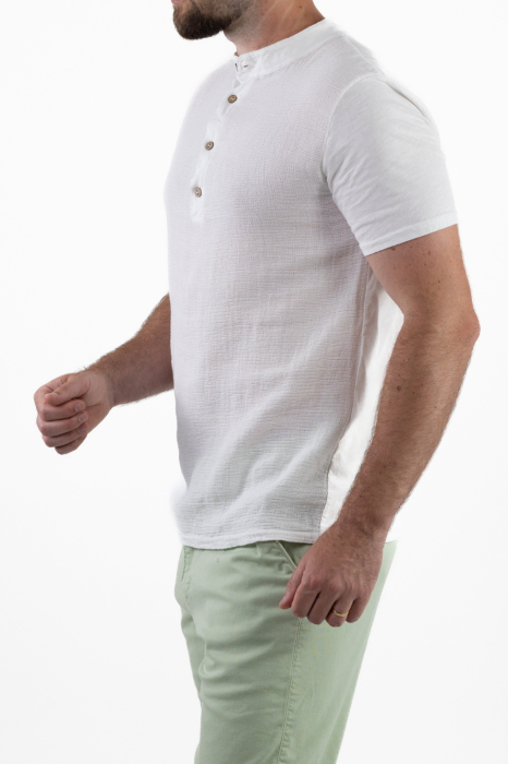 Tricou barbati cu 4 nasturi alb bumbac texturat [8]
