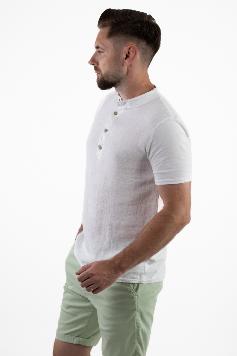 Tricou barbati cu 4 nasturi alb bumbac texturat [5]