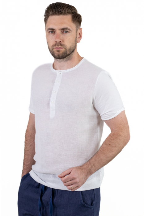 Tricou alb din in si bumbac cu 4 nasturi [5]