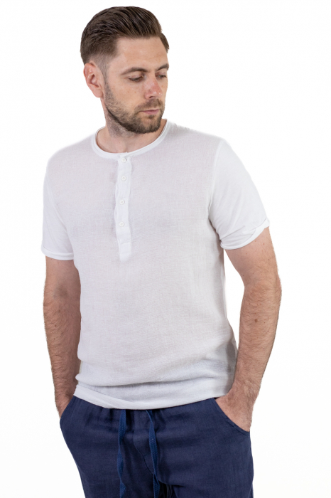 Tricou alb din in si bumbac cu 4 nasturi [2]