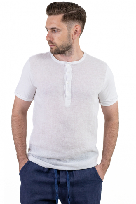 Tricou alb din in si bumbac cu 4 nasturi [7]