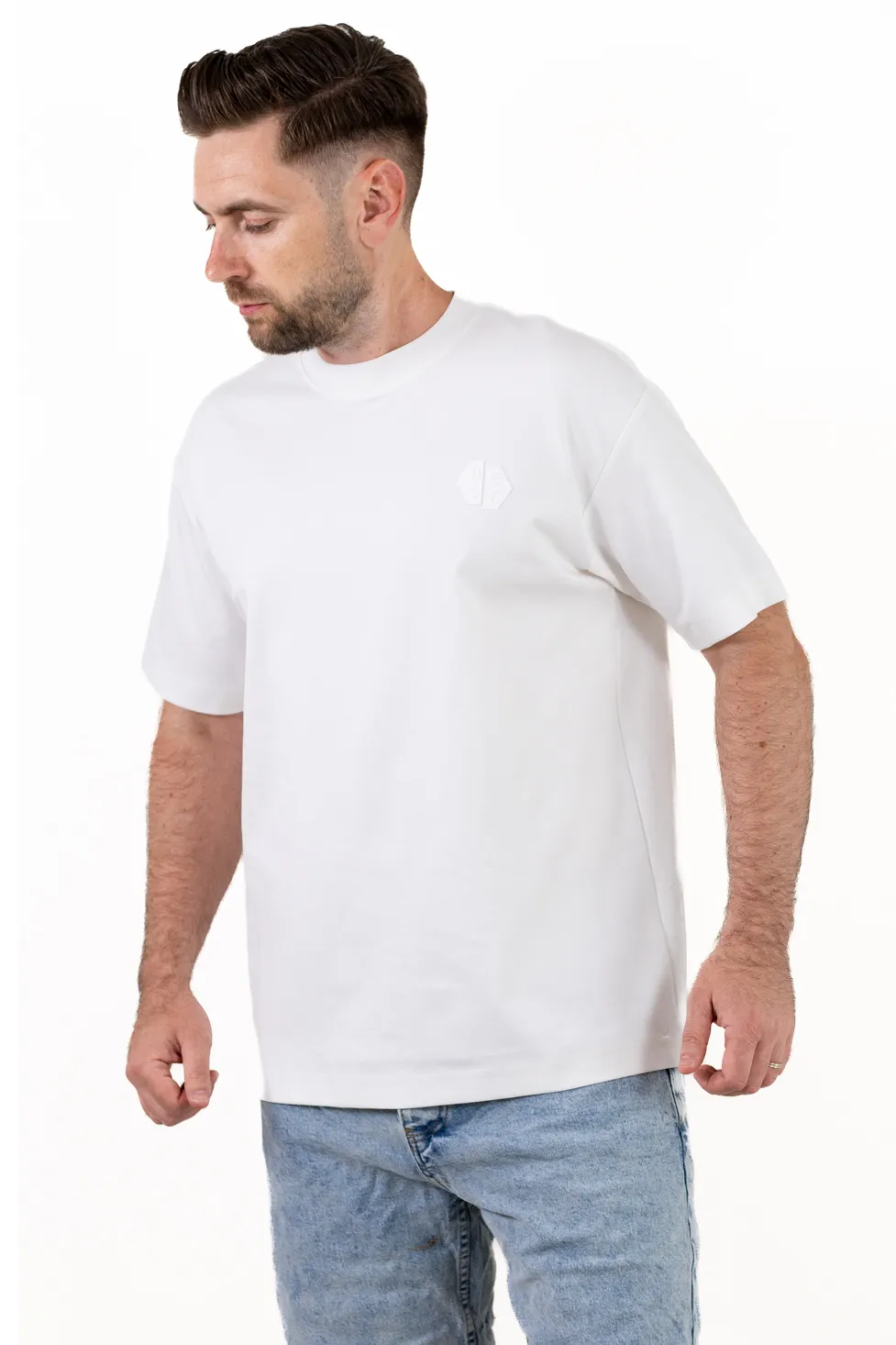 Tricou alb oversize bărbați, bumbac gros, logo subtil [7]