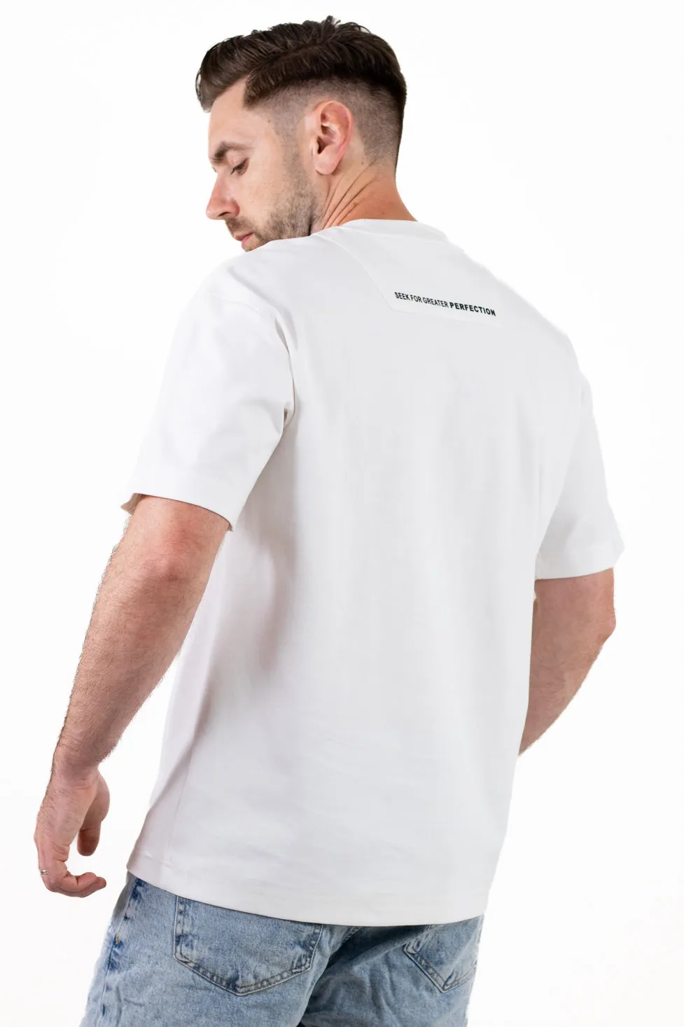 Tricou alb oversize bărbați, bumbac gros, logo subtil [2]