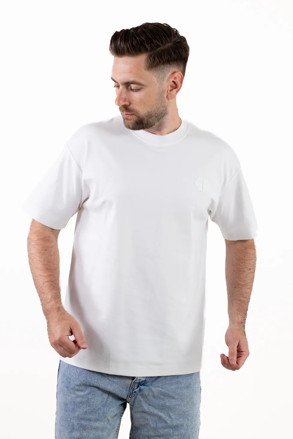 Tricou alb oversize bărbați, bumbac gros, logo subtil [3]