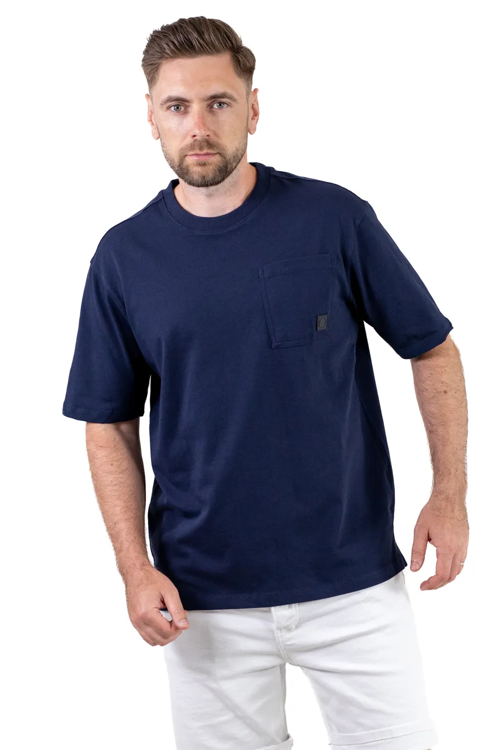 Tricou oversize bleumarin bumbac cu buzunar pentru bărbați [3]
