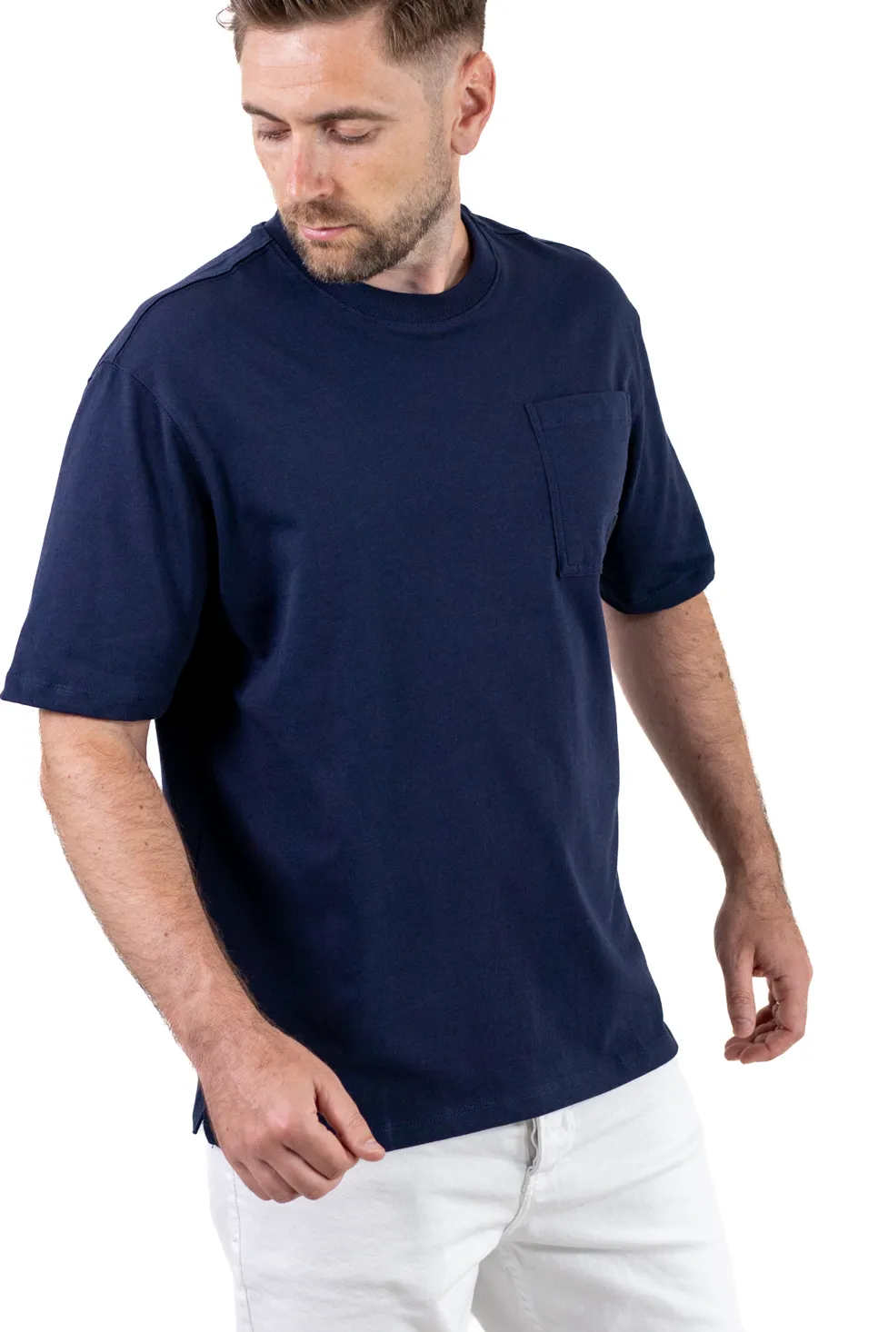 Tricou oversize bleumarin bumbac cu buzunar pentru bărbați [2]