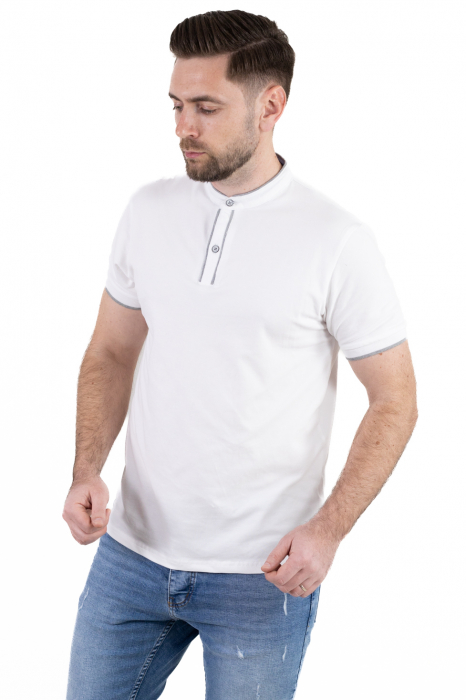 Tricou alb cu guler corean si 2 nasturi [7]
