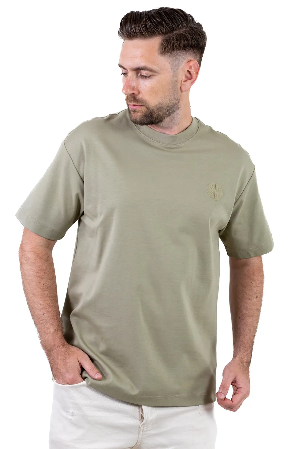 Tricou oversize bărbați kaki, bumbac gros, logo subtil [3]