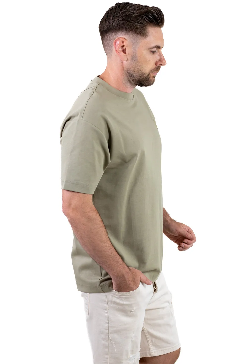 Tricou oversize bărbați kaki, bumbac gros, logo subtil [2]