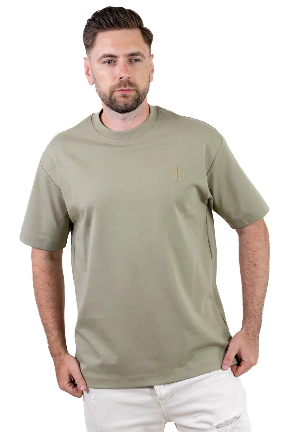 Tricou oversize bărbați kaki, bumbac gros, logo subtil [7]