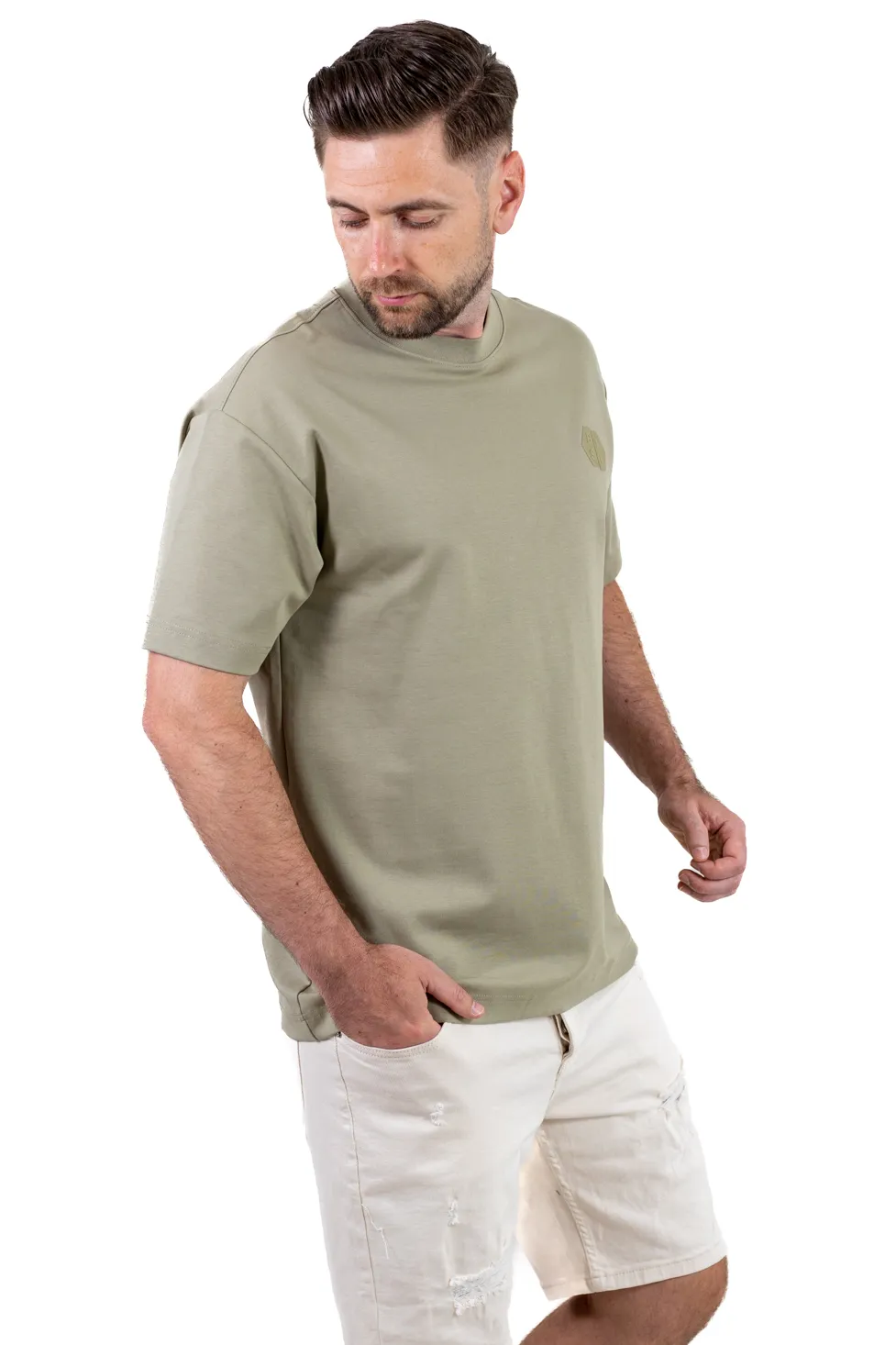 Tricou oversize bărbați kaki, bumbac gros, logo subtil [5]
