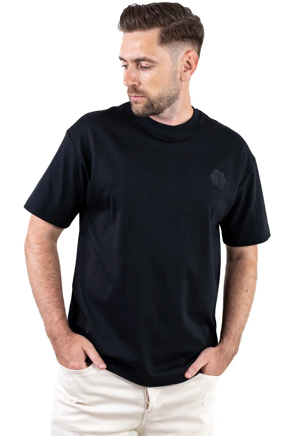 Tricou oversize bărbați negru, bumbac gros, logo subtil [6]