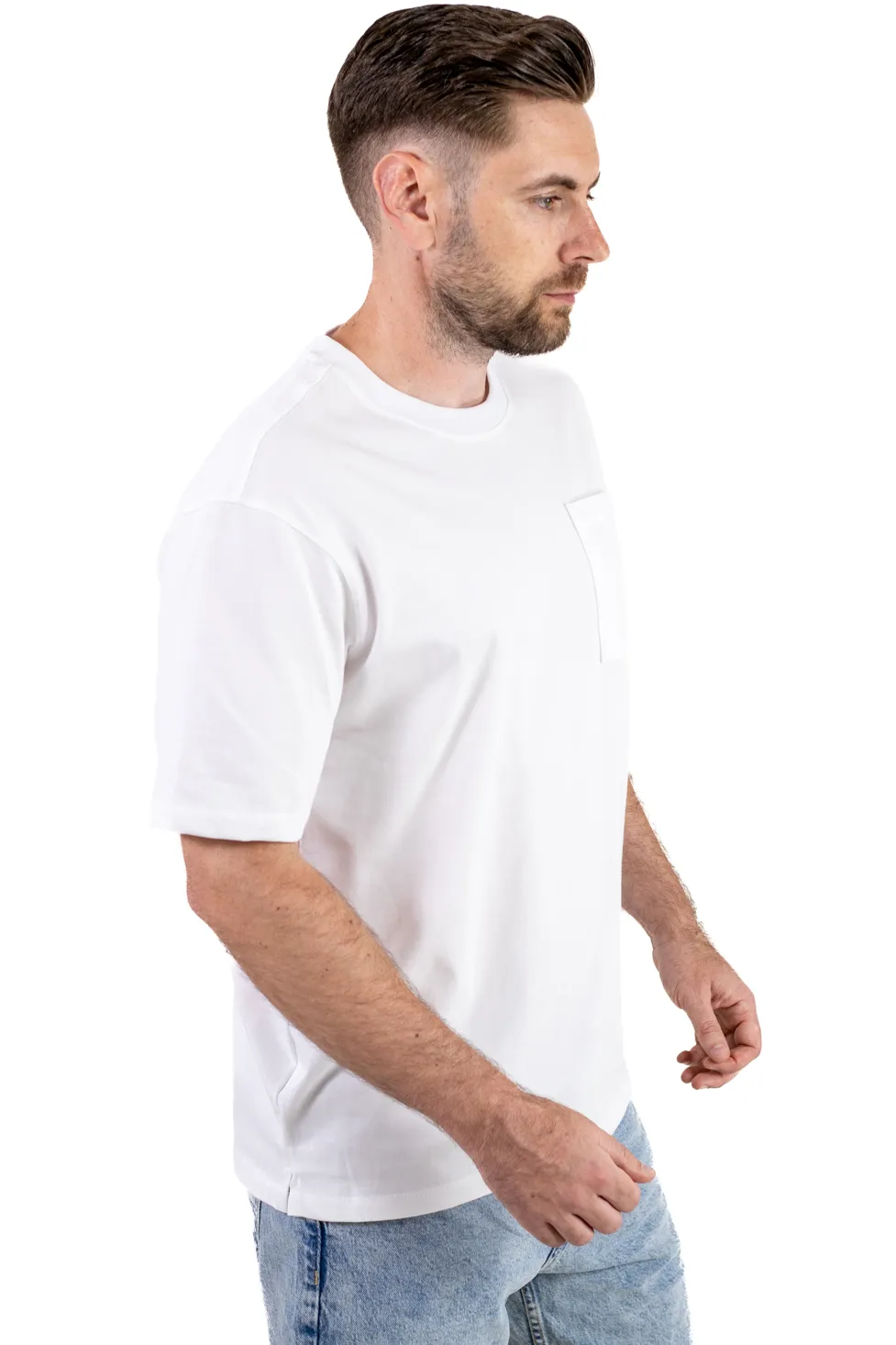 Tricou oversize alb bumbac cu buzunar pentru bărbați [4]