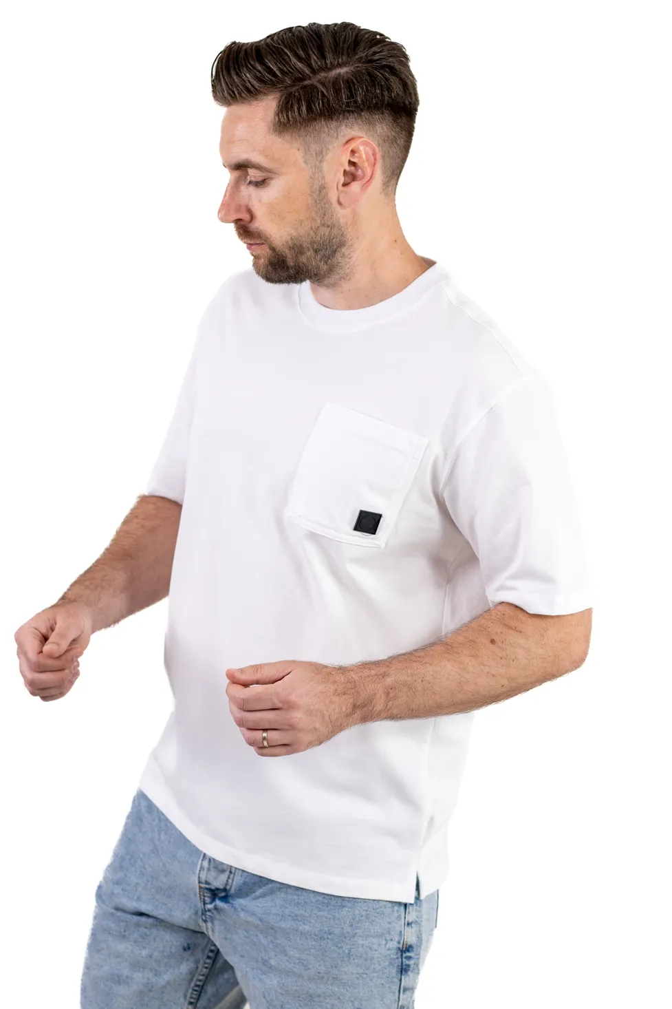 Tricou oversize alb bumbac cu buzunar pentru bărbați [3]