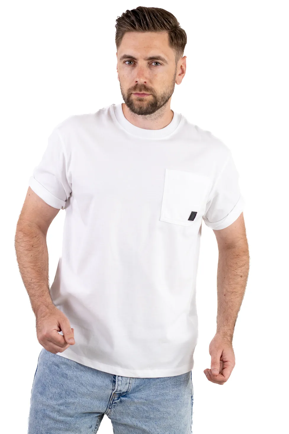 Tricou oversize alb bumbac cu buzunar pentru bărbați [5]